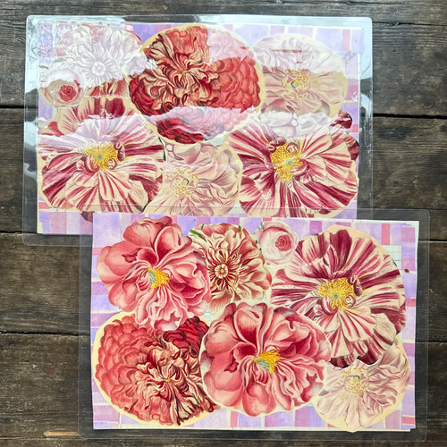 One of a Kind Collaged Pink Flower Mat Pair (2-03 & 2-04)