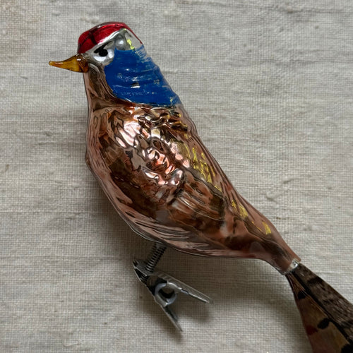 Nostalgic Clip-on Bird Ornament with Long Brown Feather