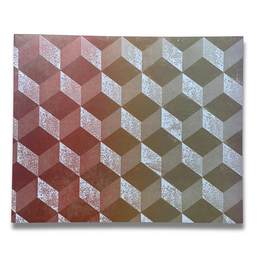 A rectangular notebook with a printed cover featuring a 3D cube geometric pattern with a color gradient transitioning from reddish-brown on the left to beige and gray on the right, shown against a plain white background.