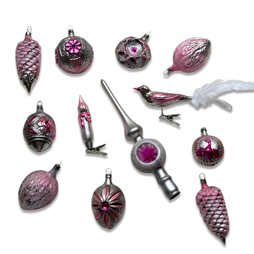 Set of 14 Pink Ornaments with Small Tree Topper
