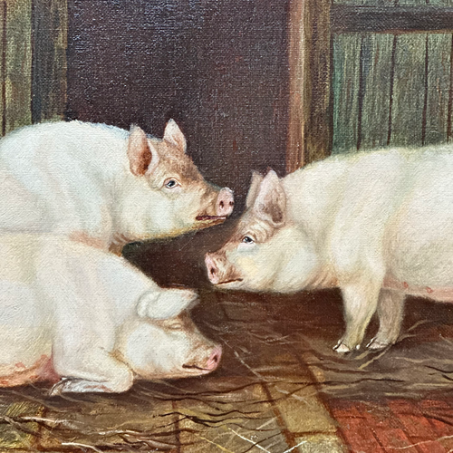 19th-century England "Pigs in a Barnyard Setting" Painting by W. Barker