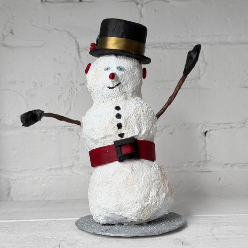 Papier-Mâché Snowman with Striped Scarf