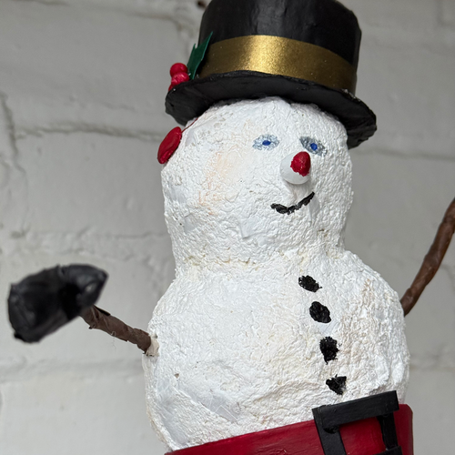 Papier-Mâché Snowman with Striped Scarf