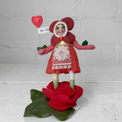 Spun Cotton Valentine's Day Flower Girl Figure on Felted Rose #3