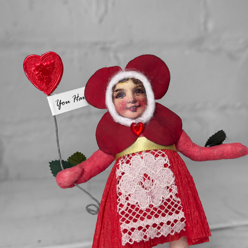 Spun Cotton Valentine's Day Flower Girl Figure on Felted Rose #3