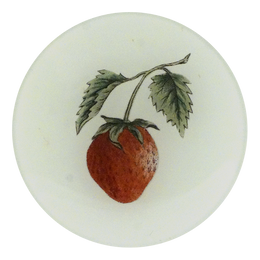 A four inch round plate featuring an illustration of a red strawberry with green leaves on a stem.