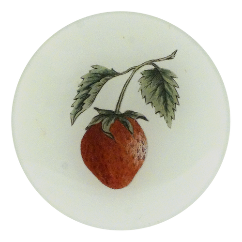 A four inch round plate featuring an illustration of a red strawberry with green leaves on a stem.