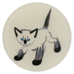 A four inch round plate featuring sketch of cat with tall up and blue eyes on a white background
