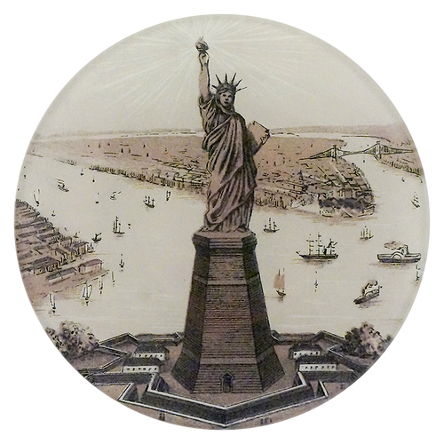 A four inch round plate with a vintage-style illustration of the Statue of Liberty and New York Harbor.