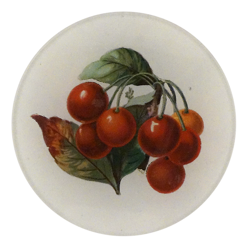 A four inch round plate featuring a vintage-style illustration of red cherries with green leaves on a white background.