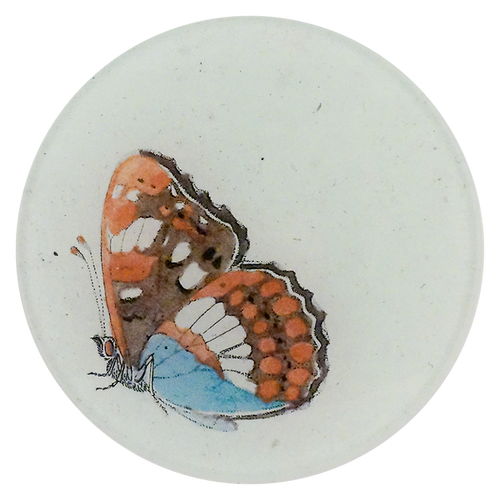 A four inch round plate of a mainly orange and little blue butterfly. Butterfly is profile view on the lower left corner. 