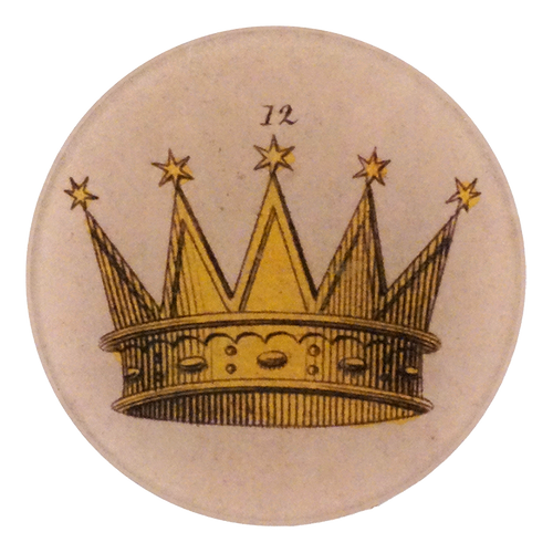 A four inch round plate of a gold crown with 5 points featuring a star on each point