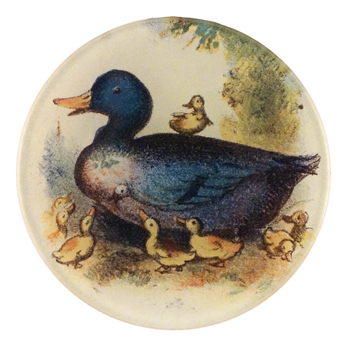 A four inch round plate featuring a watercolor-style illustration of a dark blue duck with several small yellow ducklings around it, shown on a plain white background.