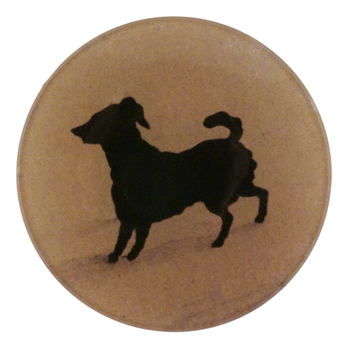A four inch round plate featuring a black silhouette of a dachshund dog, shown against a tan background.