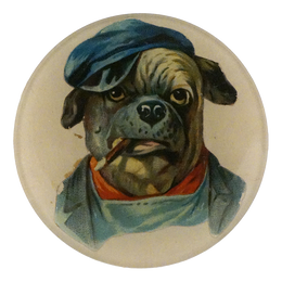 A four inch round plate showing a pug dog wearing a blue cap and blue jacket with an orange neckerchief, centered on a plain white background.