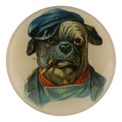 A four inch round plate showing a pug dog wearing a blue cap and blue jacket with an orange neckerchief, centered on a plain white background.
