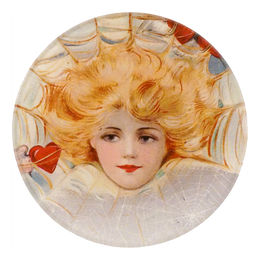 A four inch round plate featuring the face of a young woman with blonde hair and a red heart