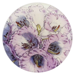 A four inch round plate with purple floral design on a white background