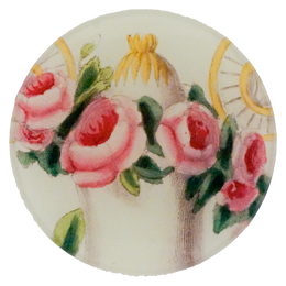 A four inch round plate with pink roses and a carriage design on a white background