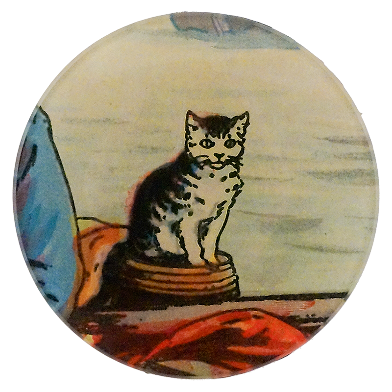 A four inch round plate with a cat illustration on a colorful background