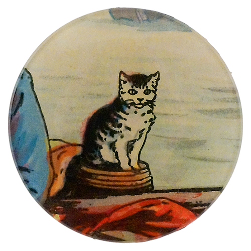 A four inch round plate with a cat illustration on a colorful background