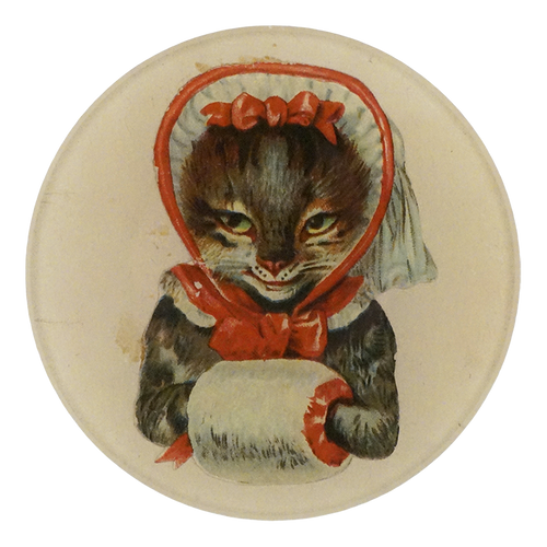 A round four inch round plate featuring an illustration of a cat dressed in a red bonnet and bow, holding a white roll, on a cream-colored background.