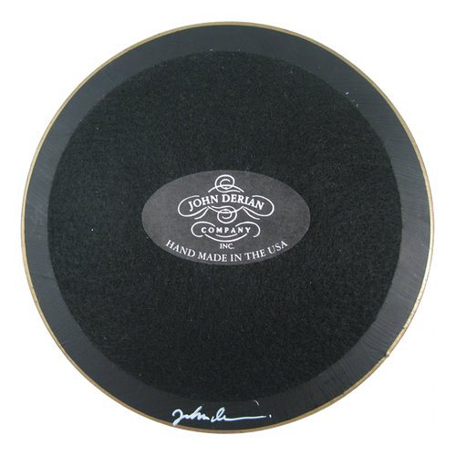 Back of four inch round plate with black paint, black felt and a gold trim. Featuring John Derian Company sticker and signature 