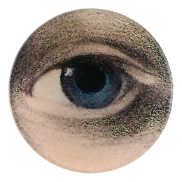 A four inch round plate featuring a close up of a woman's left blue eye 