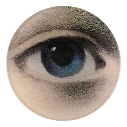 A four inch round plate featuring a close of woman's blue right eye