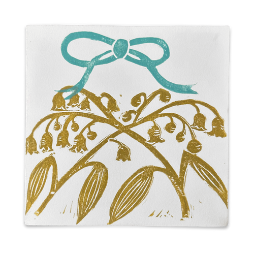 Block Printed Lily of the Valley with Blue Ribbon Folded Card