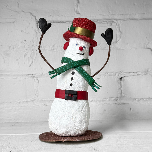 Papier-Mâché Snowman with Polka Dot Scarf and Red Hat