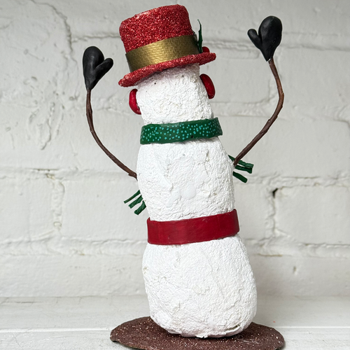 Papier-Mâché Snowman with Polka Dot Scarf and Red Hat