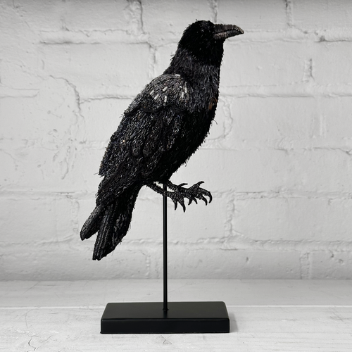 Hand-Beaded Raven on Stand by Trovelore