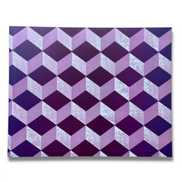 A rectangular notebook with a printed cover featuring a 3D optical illusion geometric pattern of purple and lavender cubes with silver glitter textures, shown against a plain white background.