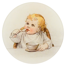A five in ch round glass plate featuring an illustration of a child with a spoon and cup on a white background