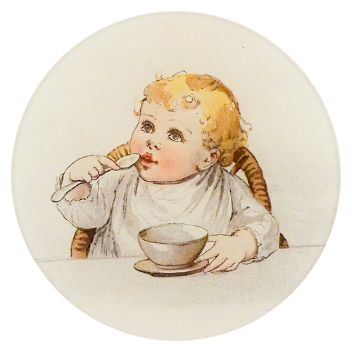 A five in ch round glass plate featuring an illustration of a child with a spoon and cup on a white background