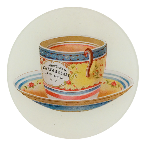 A five inch round glass plate with vintage-style teacup design and 'Amorim's China & Glass' branding.