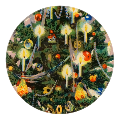 A five inch round plate featuring a close up of a Christmas Tree
