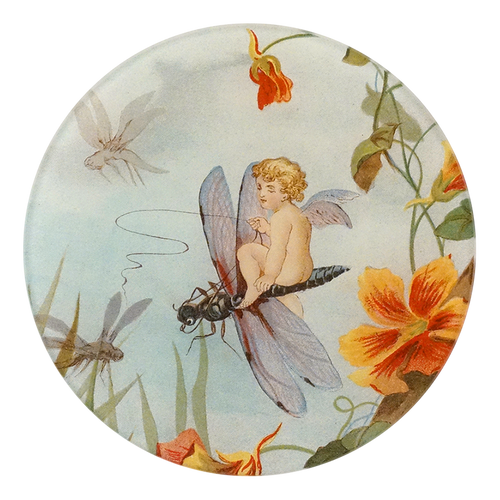 A five inch round glass plate featuring a fairy on a fly surrounded by flowers