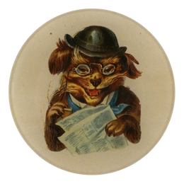 A five inch round plate featuring an illustration of a brown dog wearing a black bowler hat, round glasses, and a blue shirt, holding a newspaper. 