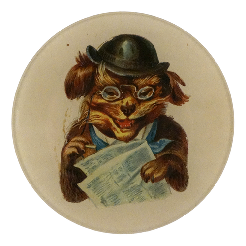 A five inch round plate featuring an illustration of a brown dog wearing a black bowler hat, round glasses, and a blue shirt, holding a newspaper. 