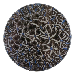 A five inch round decorative plate with a floral pattern, featuring a combination of brown, blue, and white colors.