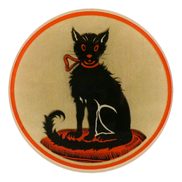 A five inch round glass plate of a black cat sitting on a red pillow on a cream background with red boarder 