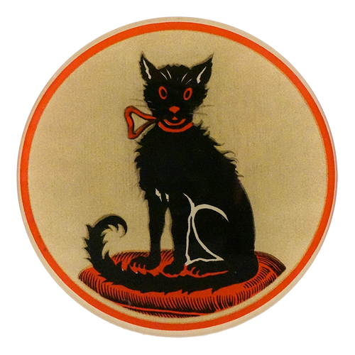 A five inch round glass plate of a black cat sitting on a red pillow on a cream background with red boarder 