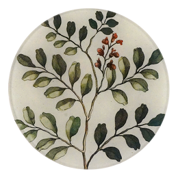 A five inch round glass plate with a handblown glass design featuring green and brown foliage and red berries