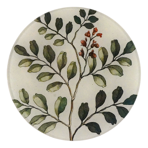 A five inch round glass plate with a handblown glass design featuring green and brown foliage and red berries