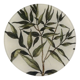A five inch round glass plate with a collage of green foliage designs.
