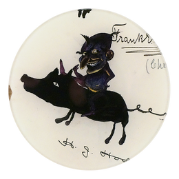 A five inch round glass plate featuring an ink sketch of a creepy figure riding a pig on a white background