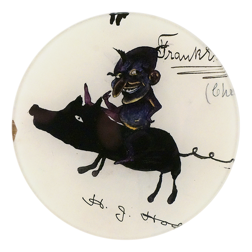 A five inch round glass plate featuring an ink sketch of a creepy figure riding a pig on a white background