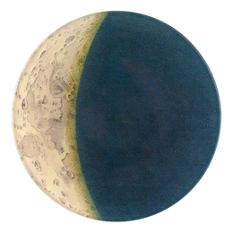 A five inch round glass plate depicting a celestial theme with a blend of light and dark areas.